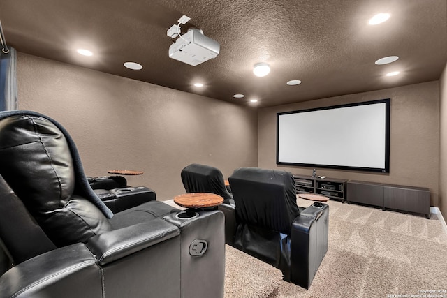 home theater with carpet flooring and a textured ceiling