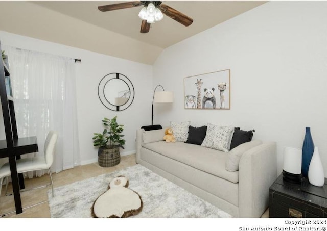 tiled living room featuring vaulted ceiling and ceiling fan