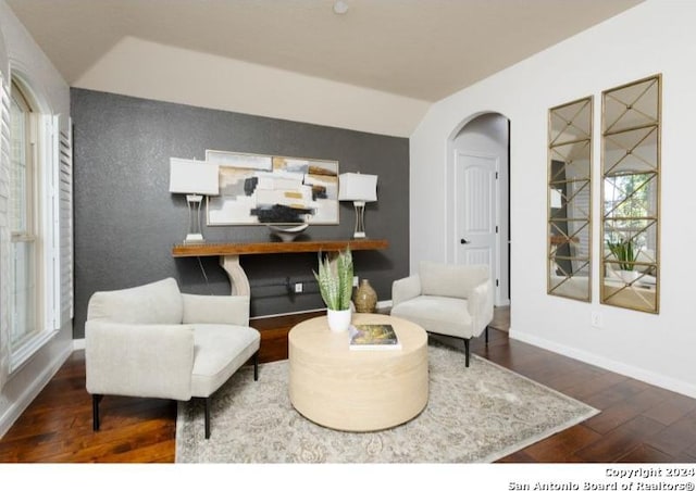 living room featuring dark hardwood / wood-style floors and lofted ceiling