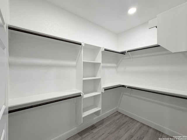 walk in closet with light hardwood / wood-style flooring