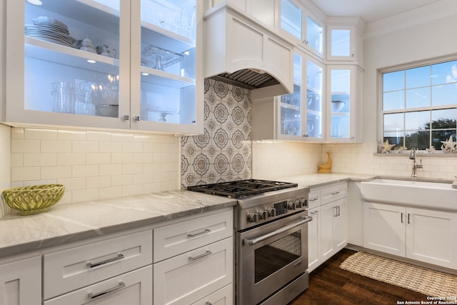 kitchen featuring light stone countertops, dark hardwood / wood-style flooring, tasteful backsplash, white cabinets, and stainless steel stove