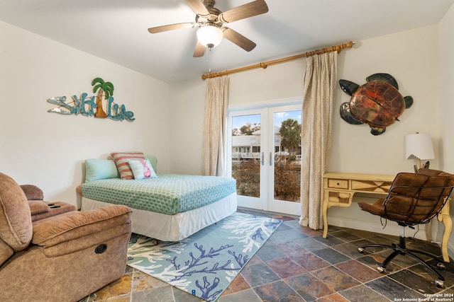 bedroom featuring ceiling fan, access to exterior, and french doors