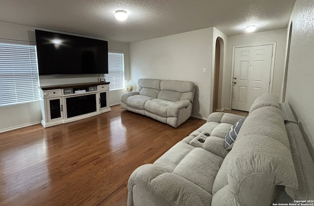 living room with hardwood / wood-style flooring and a textured ceiling