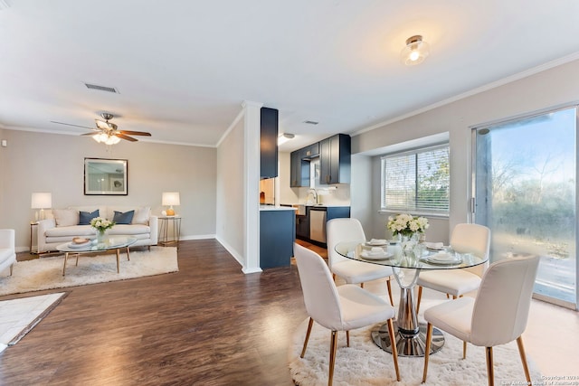 dining room featuring sink, ceiling fan, crown molding, and dark wood-type flooring