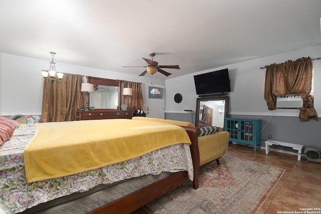 tiled bedroom featuring ceiling fan with notable chandelier and cooling unit