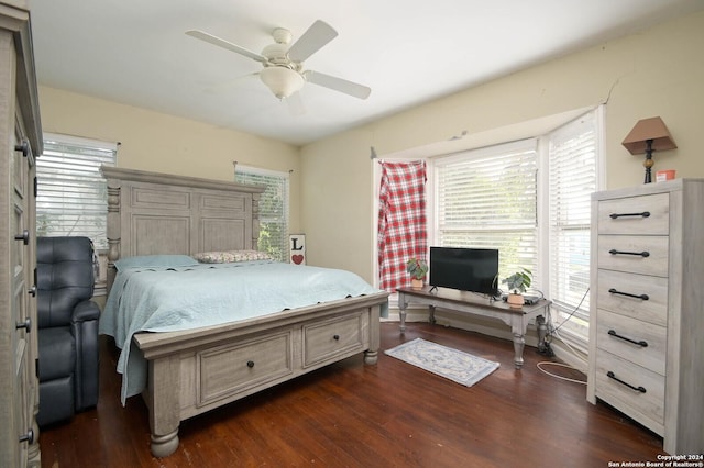 bedroom featuring ceiling fan and dark hardwood / wood-style flooring