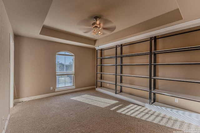 empty room with a raised ceiling, ceiling fan, and carpet floors