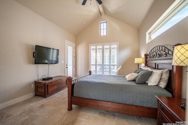 bedroom with ceiling fan, beam ceiling, and high vaulted ceiling