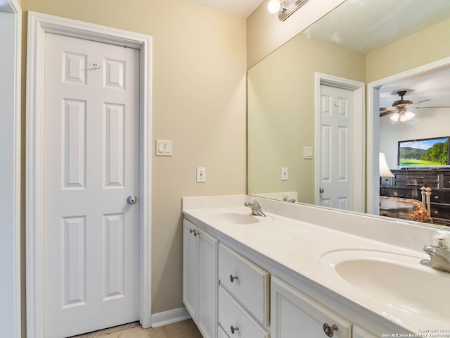 bathroom with vanity, tile patterned floors, and ceiling fan