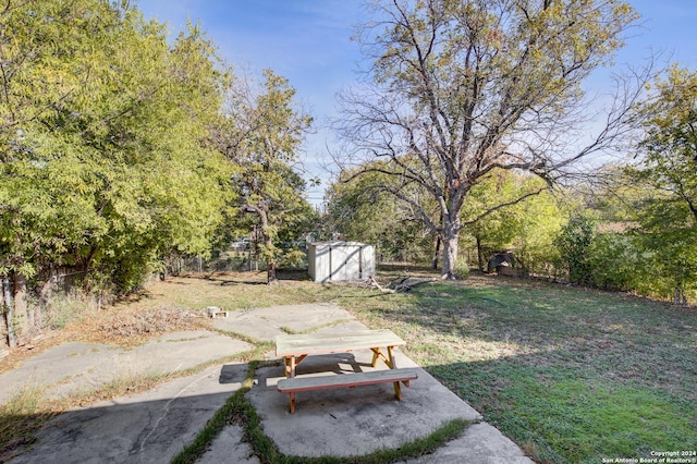 view of yard with a shed and a patio