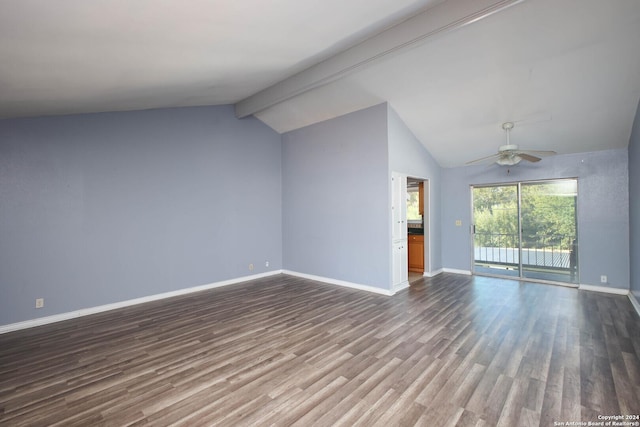 unfurnished living room with lofted ceiling with beams, hardwood / wood-style flooring, and ceiling fan