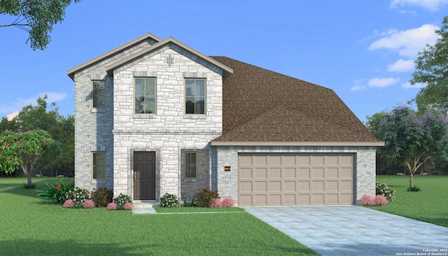 view of front facade featuring a front lawn and a garage