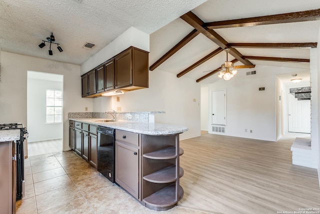 kitchen with dark brown cabinetry, light hardwood / wood-style flooring, stove, and black dishwasher