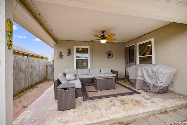 view of patio with an outdoor hangout area, ceiling fan, and a grill