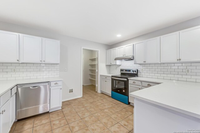 kitchen with white cabinetry, stainless steel dishwasher, range with electric stovetop, backsplash, and light tile patterned floors