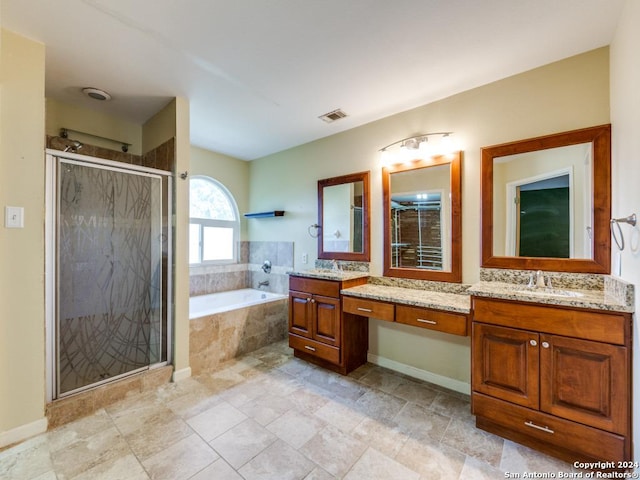 bathroom with vanity and plus walk in shower