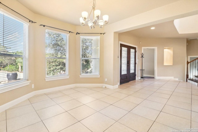 11224 Cave Crk, Helotes, TX 78023 - entryway with a chandelier, french doors, light tile patterned flooring, plenty of natural light, and recessed lighting