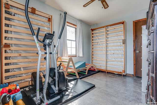 workout room with ceiling fan