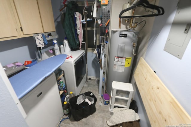 utility room with electric panel, electric water heater, and washer / dryer