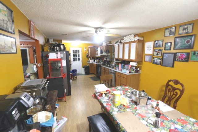 dining space featuring ceiling fan, a textured ceiling, and light hardwood / wood-style flooring