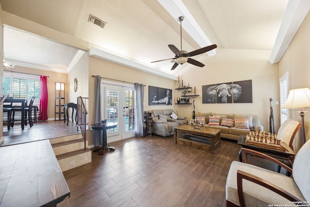 living room with ceiling fan, lofted ceiling, dark wood-type flooring, and french doors