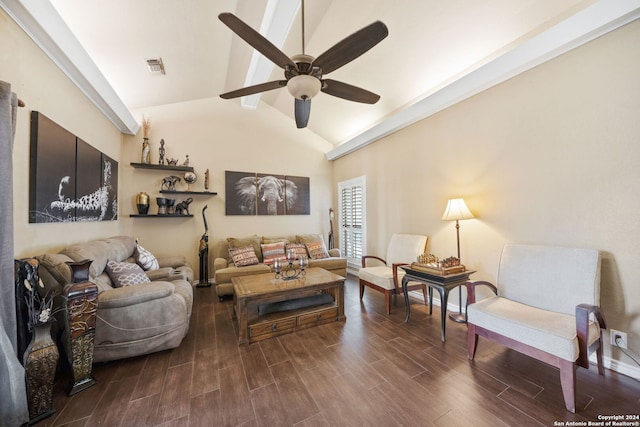 living room featuring lofted ceiling with beams, ceiling fan, and dark wood-type flooring