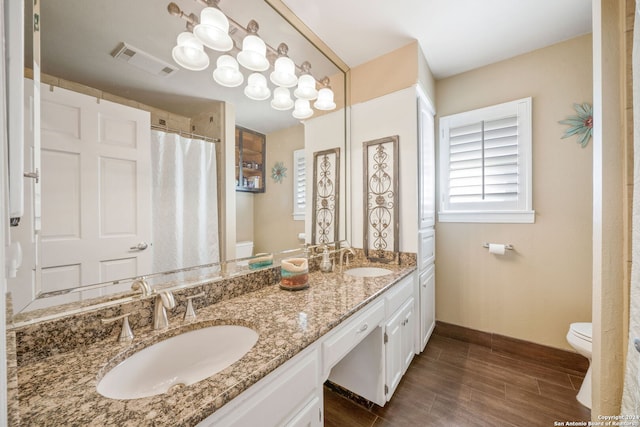 bathroom with vanity, wood-type flooring, and toilet