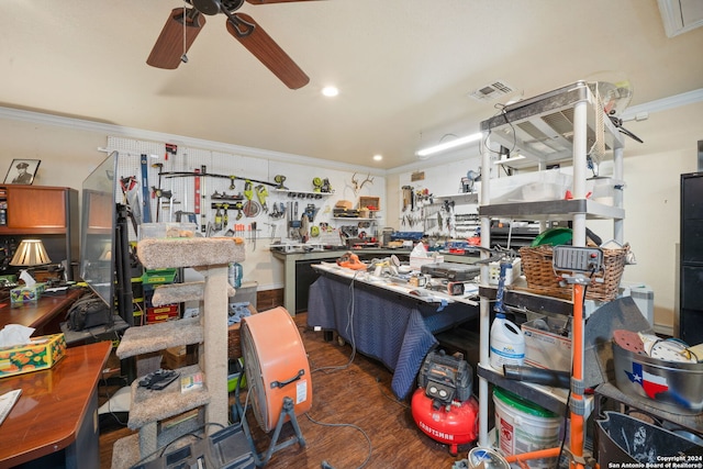 miscellaneous room featuring a workshop area, dark hardwood / wood-style floors, ceiling fan, and crown molding