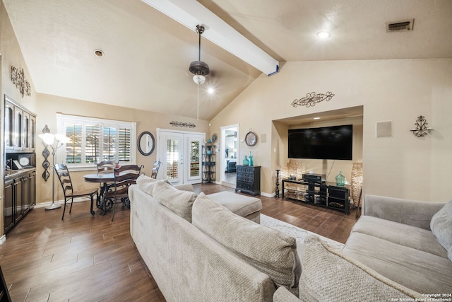 living room featuring beam ceiling, dark hardwood / wood-style flooring, and high vaulted ceiling