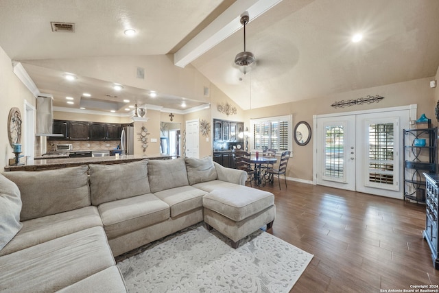 living room featuring french doors, dark hardwood / wood-style flooring, ceiling fan, beam ceiling, and high vaulted ceiling