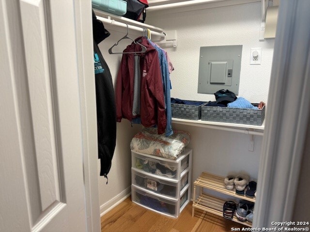 spacious closet with light hardwood / wood-style floors and electric panel