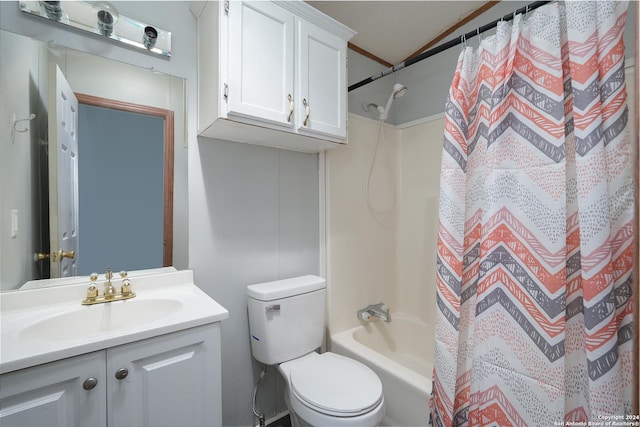 full bathroom featuring vanity, toilet, shower / bathtub combination with curtain, and crown molding