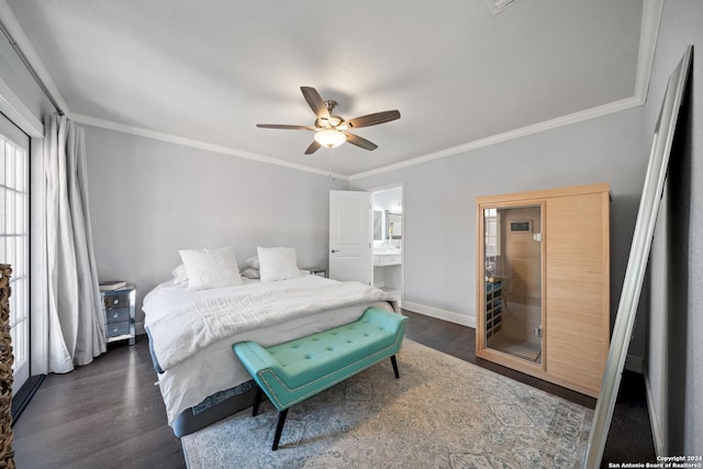 bedroom with ceiling fan, dark wood-type flooring, and ornamental molding