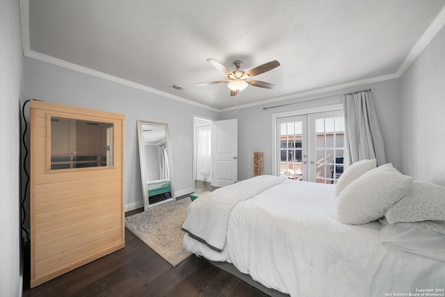 bedroom with french doors, dark hardwood / wood-style flooring, ceiling fan, and crown molding