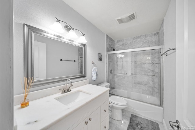 full bathroom with vanity, toilet, and enclosed tub / shower combo