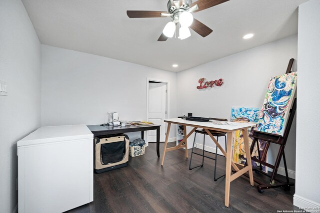 office featuring dark hardwood / wood-style floors and ceiling fan