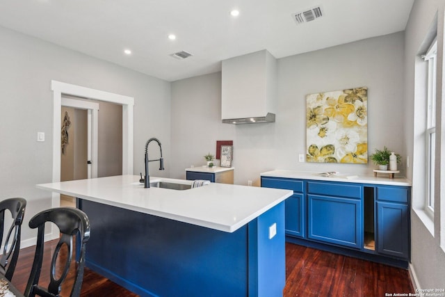 kitchen with a wealth of natural light, dark wood-type flooring, sink, blue cabinetry, and a center island with sink