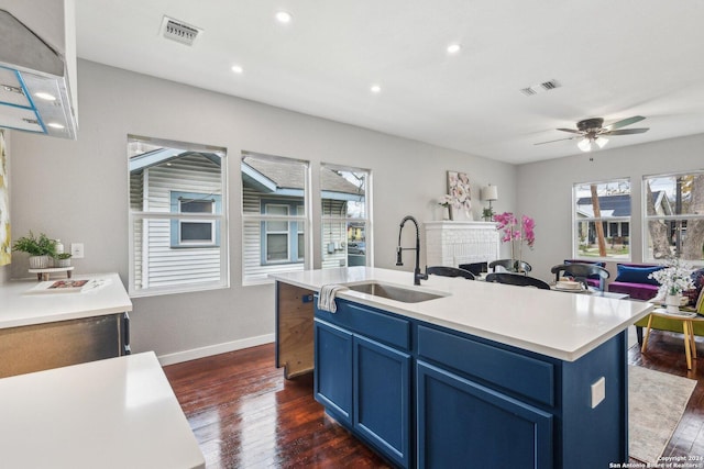 kitchen with dark hardwood / wood-style flooring, sink, blue cabinets, and an island with sink