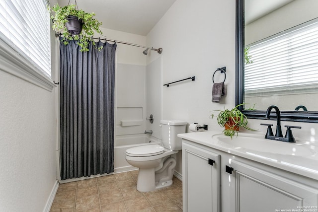 full bathroom featuring vanity, tile patterned flooring, shower / bathtub combination with curtain, and toilet