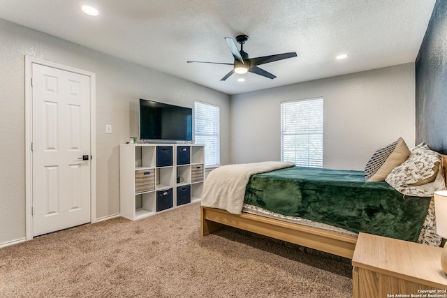 bedroom featuring ceiling fan, carpet floors, and a textured ceiling