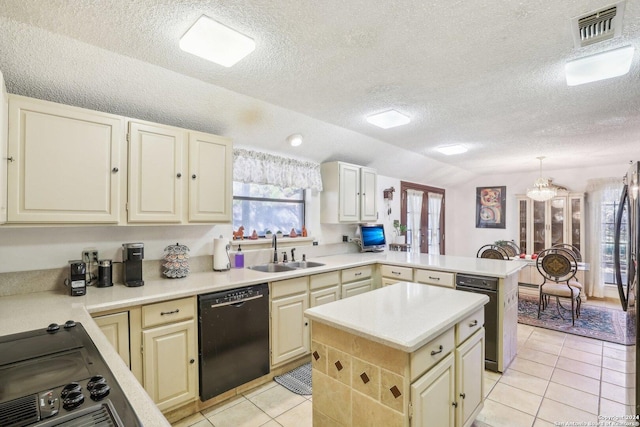 kitchen featuring a center island, an inviting chandelier, black appliances, sink, and vaulted ceiling