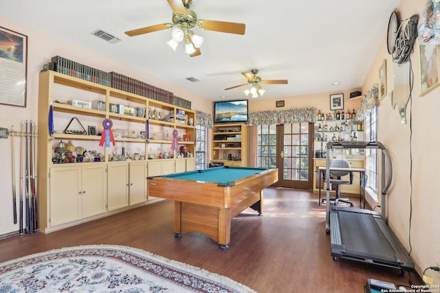 playroom featuring ceiling fan, dark wood-type flooring, and pool table