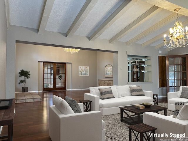 living room featuring an inviting chandelier, french doors, lofted ceiling with beams, hardwood / wood-style flooring, and a textured ceiling