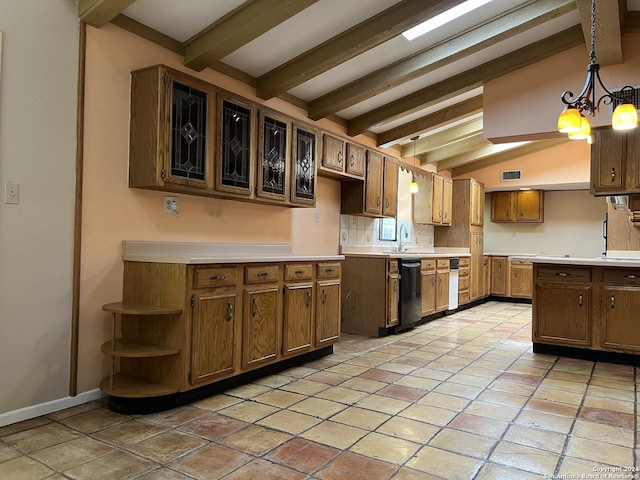 kitchen with sink, lofted ceiling with beams, decorative light fixtures, an inviting chandelier, and black dishwasher