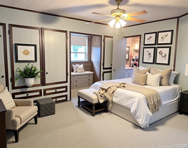 1306 Canyon Trce, Canyon Lake, TX 78133 - carpeted bedroom with ornamental molding and a ceiling fan