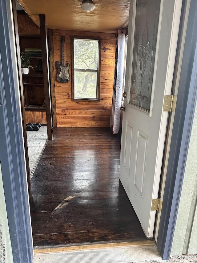 hall with wooden walls and dark wood-type flooring