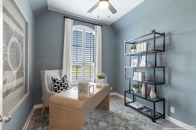 office with ceiling fan, vaulted ceiling, and hardwood / wood-style flooring