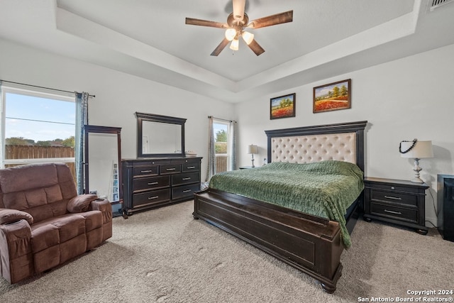 bedroom with a tray ceiling, multiple windows, and ceiling fan