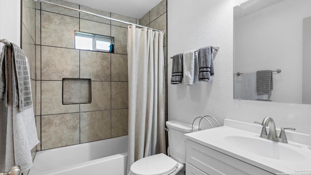 full bathroom with vanity, toilet, and shower / bathtub combination with curtain