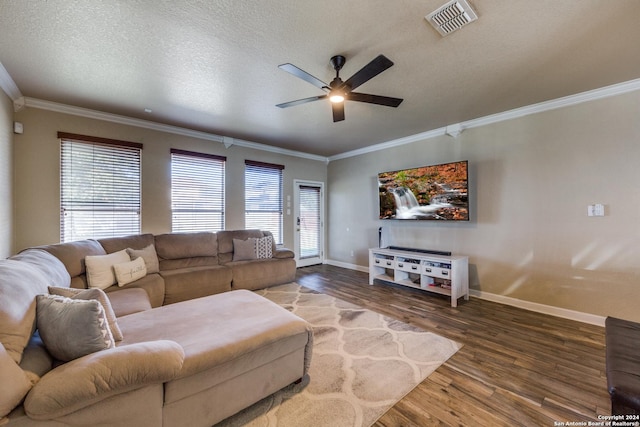 living room with hardwood / wood-style floors, plenty of natural light, ceiling fan, and a textured ceiling